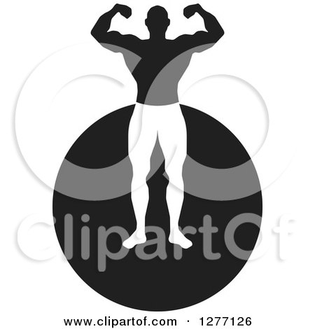 Clipart of a Flexing Black and White Male Bodybuilder over a Circle - Royalty Free Vector Illustration by Lal Perera