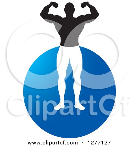 Clipart of a Flexing Male Bodybuilder over a Blue Circle - Royalty Free Vector Illustration by Lal Perera