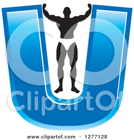 Clipart of a Flexing Black and White Male Bodybuilder Stretching out a Blue Letter U - Royalty Free Vector Illustration by Lal Perera