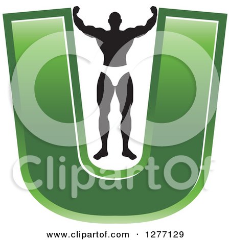 Clipart of a Flexing Black and White Male Bodybuilder Stretching out a Green Letter U - Royalty Free Vector Illustration by Lal Perera