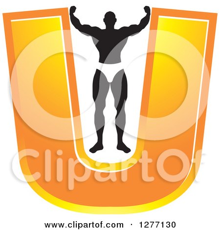 Clipart of a Flexing Black and White Male Bodybuilder Stretching out an Orange Letter U - Royalty Free Vector Illustration by Lal Perera