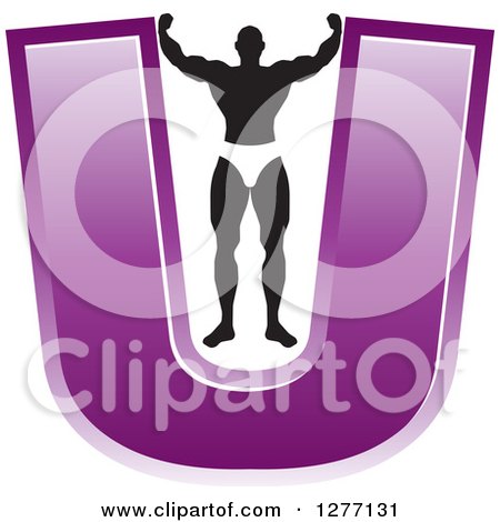Clipart of a Flexing Black and White Male Bodybuilder Stretching out a Purple Letter U - Royalty Free Vector Illustration by Lal Perera