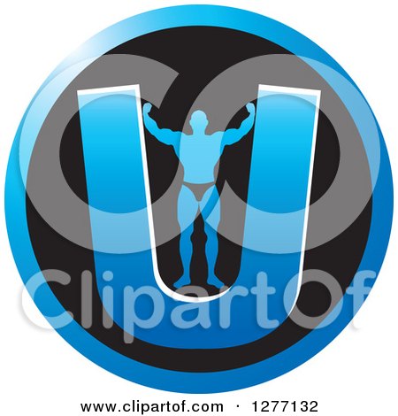 Clipart of a Flexing Male Bodybuilder Stretching out a Blue Letter U in a Black Circle - Royalty Free Vector Illustration by Lal Perera