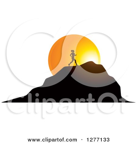 Clipart of a Silhouetted Woman Running up a Mountain over a Sunset Circle - Royalty Free Vector Illustration by Lal Perera