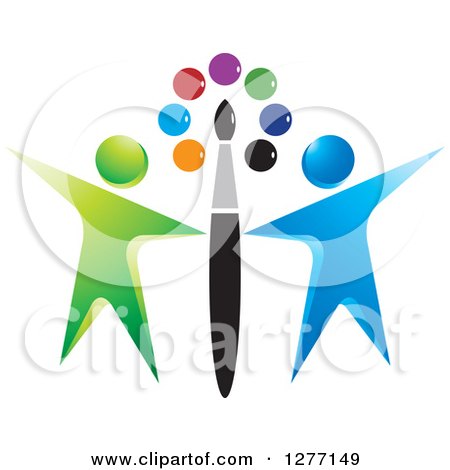 Clipart of a Paintbrush and Colorful Dots with Green and Blue People - Royalty Free Vector Illustration by Lal Perera
