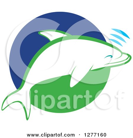 Clipart of a White and Green Dolphin Making Sounds over a Circle - Royalty Free Vector Illustration by Lal Perera