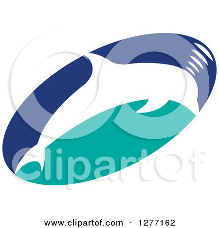 Clipart of a White Silhouetted Dolphin Making Sounds over a Blue and Turquoise Oval - Royalty Free Vector Illustration by Lal Perera