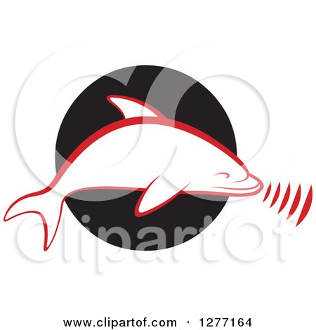 Clipart of a Red and White Silhouetted Dolphin Making Sounds over a Black Circle - Royalty Free Vector Illustration by Lal Perera