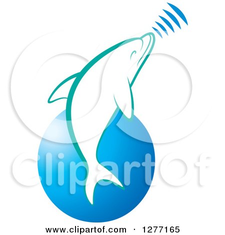 Clipart of a White and Turquoise Dolphin Making Sounds over a Blue Circle - Royalty Free Vector Illustration by Lal Perera