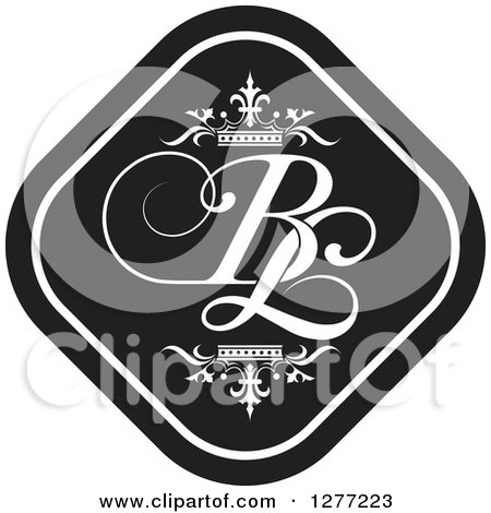 Clipart of a Black and White Diamond Icon with Crowns and BL Letters - Royalty Free Vector Illustration by Lal Perera