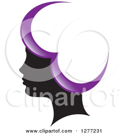 Clipart of a Black Silhouetted Woman's Head with Purple Heart Hair - Royalty Free Vector Illustration by Lal Perera