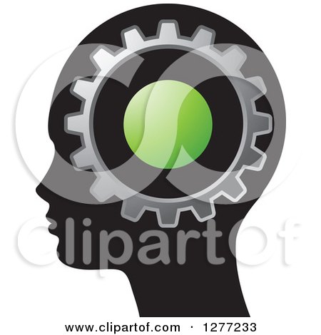 Clipart of a Black Silhouetted Woman's Head with a Green Dot and Gear - Royalty Free Vector Illustration by Lal Perera