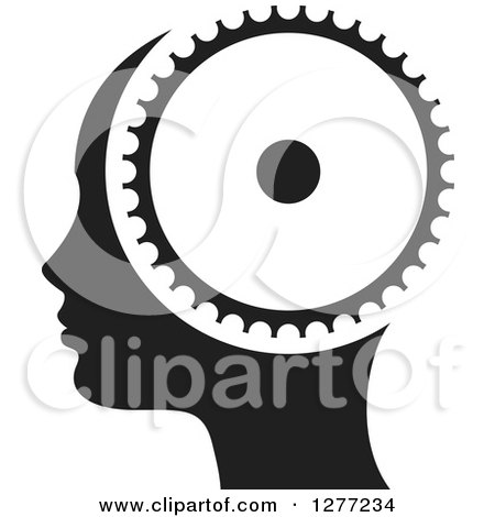 Clipart of a Black and White Silhouetted Woman's Head in Profile, with a Gear - Royalty Free Vector Illustration by Lal Perera