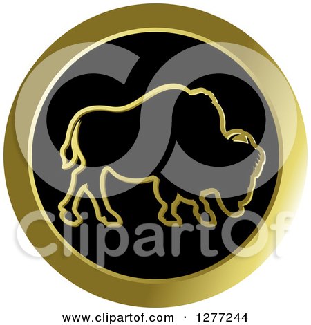 Clipart of a Gold Outlined Buffalo on a Black Circle 2 - Royalty Free Vector Illustration by Lal Perera