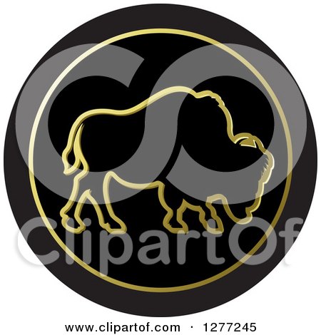 Clipart of a Gold Outlined Buffalo on a Black Circle - Royalty Free Vector Illustration by Lal Perera