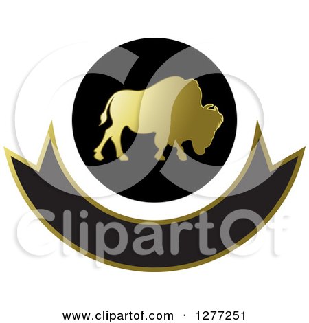 Clipart of a Gold and Black Silhouetted Buffalo Icon over a Blank Banner - Royalty Free Vector Illustration by Lal Perera