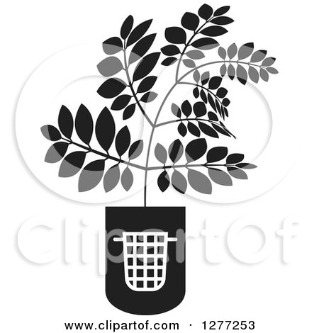 Clipart of a Black and White Plant Growing from a Trash Can - Royalty Free Vector Illustration by Lal Perera