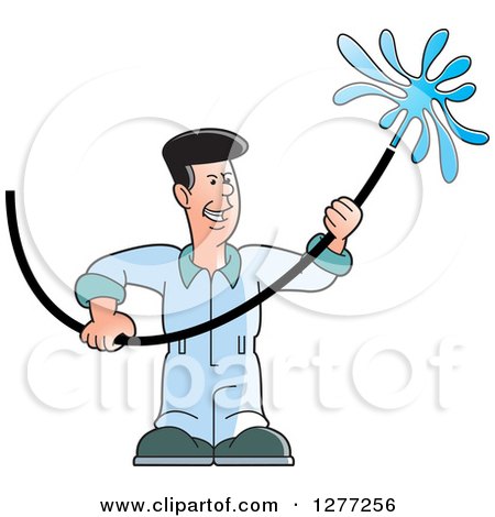 Clipart of a Cartoon Worker Man Using a Hose - Royalty Free Vector Illustration by Lal Perera