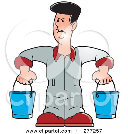 Clipart of a Cartoon Worker Man Carrying Buckets - Royalty Free Vector Illustration by Lal Perera
