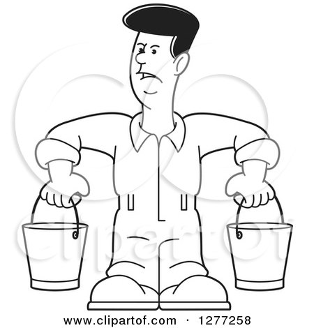 Clipart of a Cartoon Black and White Worker Man Carrying Buckets - Royalty Free Vector Illustration by Lal Perera