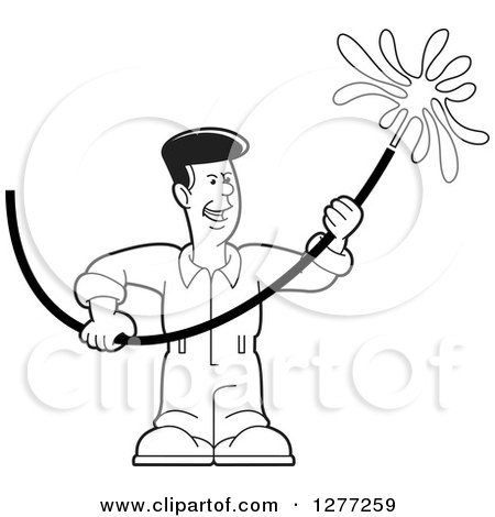Clipart of a Cartoon Black and White Worker Man Using a Hose - Royalty Free Vector Illustration by Lal Perera