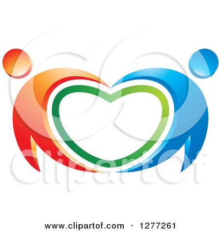 Clipart of a Blue and Orange Couple Leaning and Holding Hands Around a Green Heart - Royalty Free Vector Illustration by Lal Perera