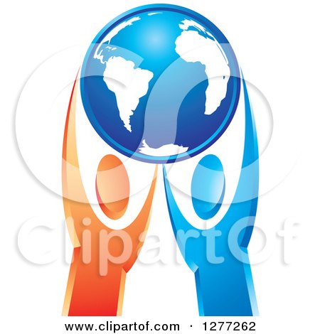Clipart of Blue and Orange People Holding up a Blue Planet Earth - Royalty Free Vector Illustration by Lal Perera