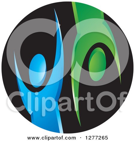 Clipart of Blue and Green Cheering People on a Round Black Icon - Royalty Free Vector Illustration by Lal Perera