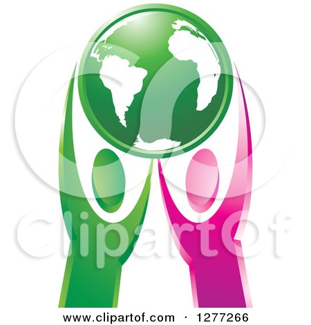 Clipart of Green and Pink People Holding up Planet Earth - Royalty Free Vector Illustration by Lal Perera