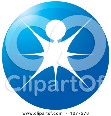 Clipart of a Round Blue Icon with an Abstract Happy Person or Burst - Royalty Free Vector Illustration by Lal Perera