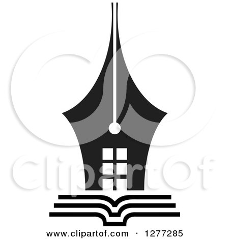 Clipart of a Black and White Pen Tip House on an Open Book - Royalty Free Vector Illustration by Lal Perera
