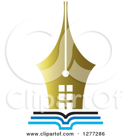 Clipart of a Gold Pen Tip House on an Open Book - Royalty Free Vector Illustration by Lal Perera