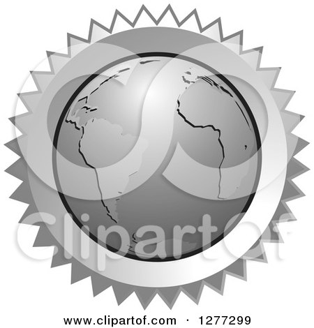 Clipart of a Silver Planet Earth Burst Label - Royalty Free Vector Illustration by Lal Perera