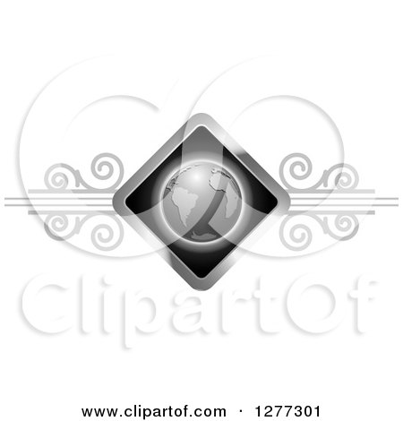 Clipart of a Silver Planet Earth in a Diamond with Swirls - Royalty Free Vector Illustration by Lal Perera
