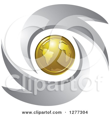 Clipart of a Gold Planet Earth and Silver Swooshes - Royalty Free Vector Illustration by Lal Perera