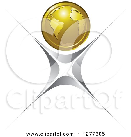 Clipart of a Silver Abstract Burst Man with a Gold Earth Head - Royalty Free Vector Illustration by Lal Perera