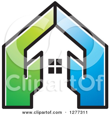 Clipart of a Black and White Arrow House on Blue and Green - Royalty Free Vector Illustration by Lal Perera