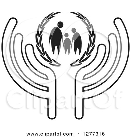 Clipart of a Black and White Family Holding Hands in a Wreath over Abstract Wings - Royalty Free Vector Illustration by Lal Perera
