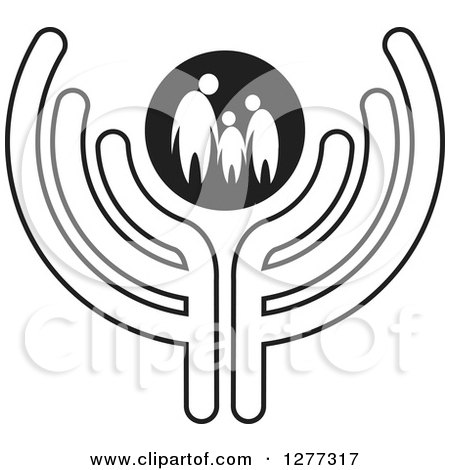 Clipart of a Black and White Family Holding Hands in a Circle over Abstract Wings - Royalty Free Vector Illustration by Lal Perera