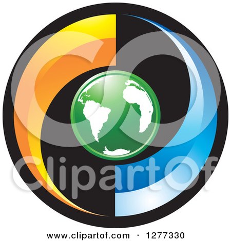Clipart of a Round Black Orange and Blue Icon with a Green Earth - Royalty Free Vector Illustration by Lal Perera