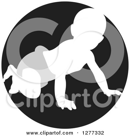 Clipart of a White Silhouetted Baby Crawling in a Gray Diaper in a Black Circle - Royalty Free Vector Illustration by Lal Perera