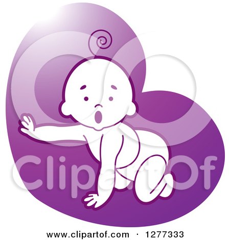 Clipart of a Surprised Baby Crawling in a Diaper and Reaching out over a Purple Heart - Royalty Free Vector Illustration by Lal Perera