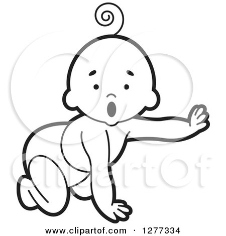 Clipart of a Surprised Black and White Baby Crawling in a Diaper and Reaching out - Royalty Free Vector Illustration by Lal Perera