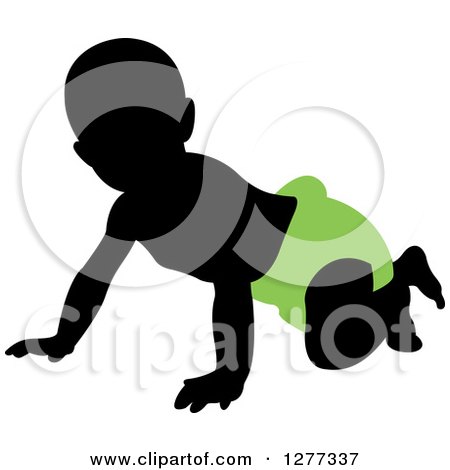 Clipart of a Black Silhouetted Baby Crawling in a Green Diaper - Royalty Free Vector Illustration by Lal Perera
