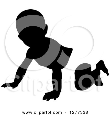 Clipart of a Black and White Silhouetted Baby Crawling in a Diaper - Royalty Free Vector Illustration by Lal Perera