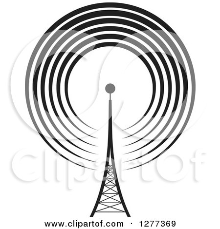 Clipart of a Black and White Communications Tower and Signals - Royalty Free Vector Illustration by Lal Perera