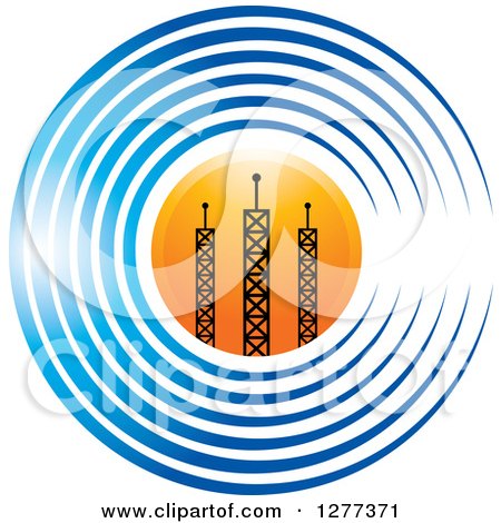 Clipart of Communications Towers over a Sun in a Circle of Blue Signals - Royalty Free Vector Illustration by Lal Perera