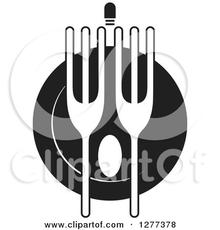 Clipart of a Black and White Fork and Plate Design - Royalty Free Vector Illustration by Lal Perera