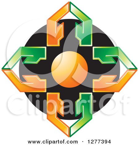 Clipart of a Cross of a Circle and Orange and Green Arrows on Black - Royalty Free Vector Illustration by Lal Perera