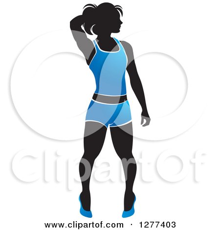 Clipart of a Black Silhouetted Woman Posing and Wearing a Blue Outfit - Royalty Free Vector Illustration by Lal Perera